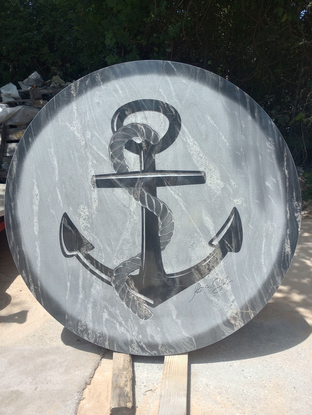 Blue and grey marble anchor with rope, in-stock inlay design