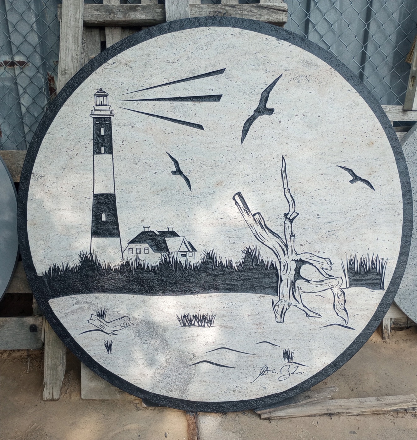 Lighthouse coastal scene in-stock inlay design