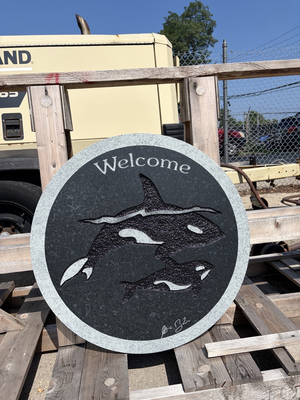 Welcome sign with orca whales in-stock inlay design