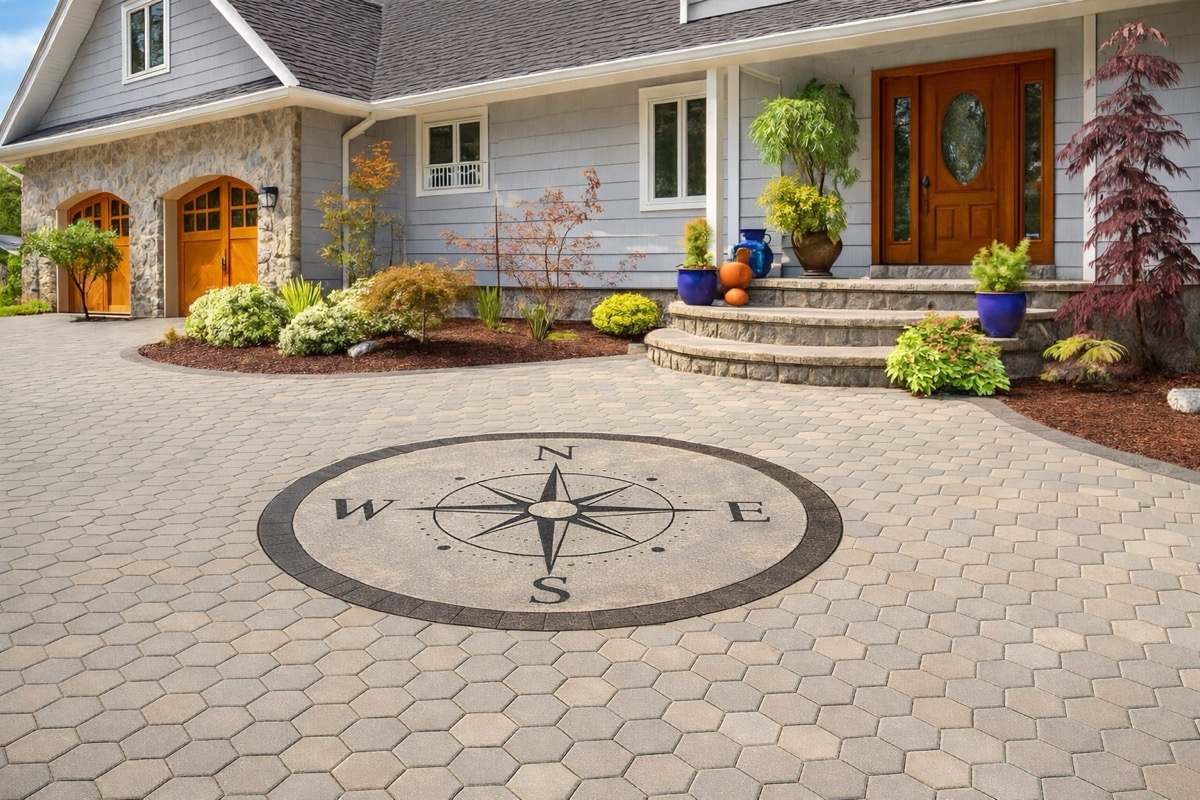 Compass rose inlay set into a hexagonal paver driveway