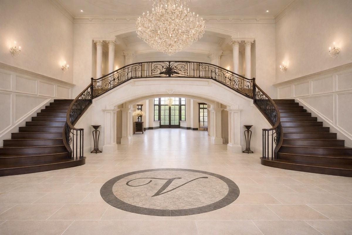 Custom monogram medallion inlay in a grand entry foyer floor