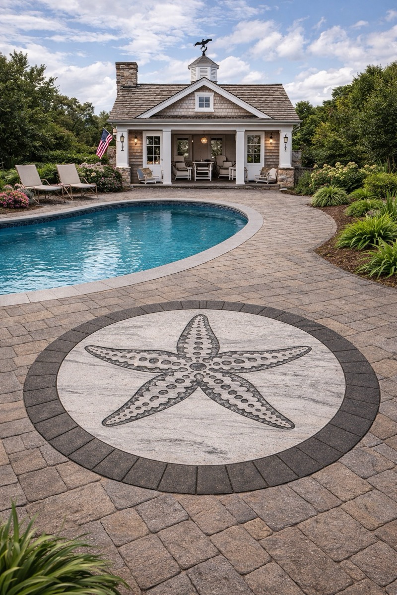 Starfish medallion stone inlay on a pool patio