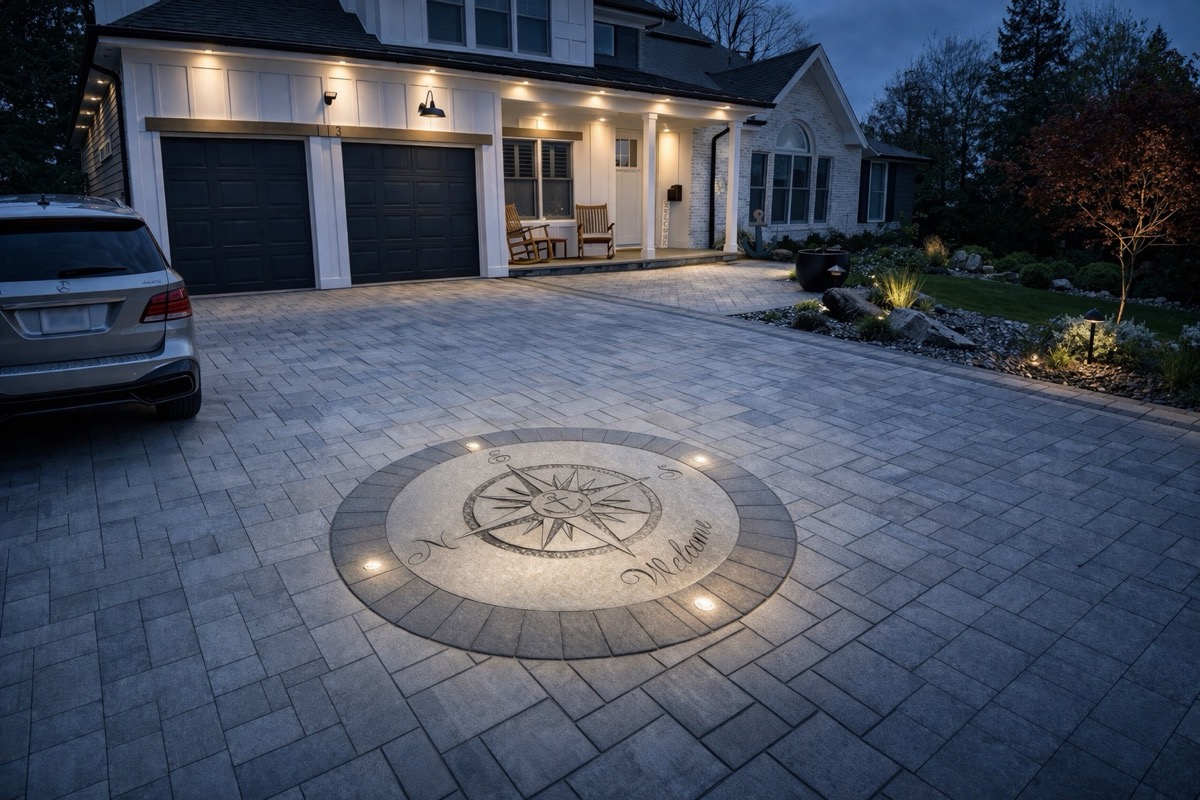 Welcome compass rose inlay illuminated at night on a driveway