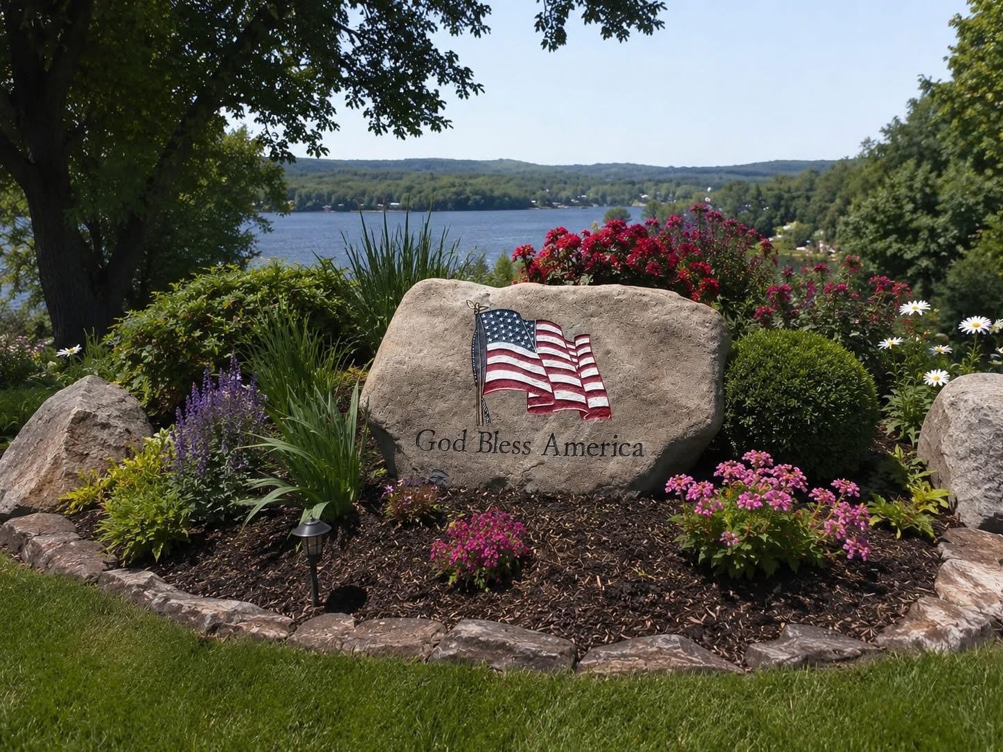 God Bless America engraved rock with American flag overlooking a lake