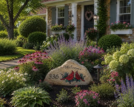 Engraved house number welcome rock with cardinal birds in a garden