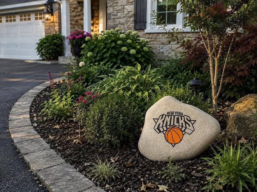 New York Knicks engraved rock in a landscaped front yard