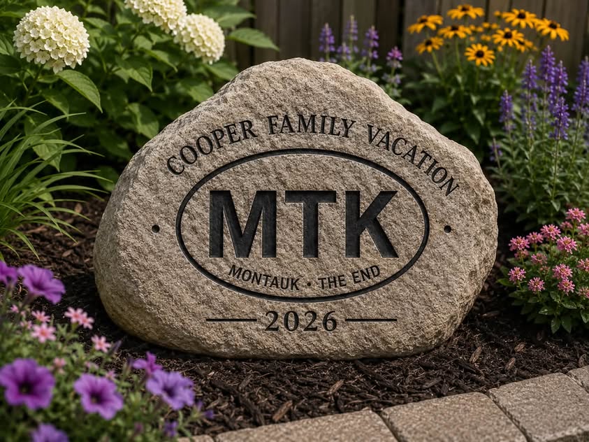 Engraved family vacation rock reading MTK, Montauk The End