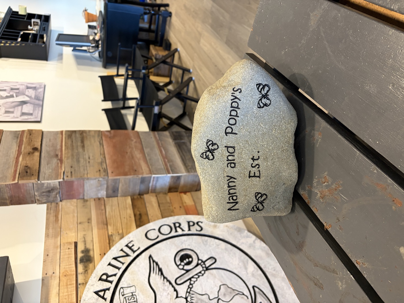 Nanny and Poppy's Est. engraved rock with butterfly details