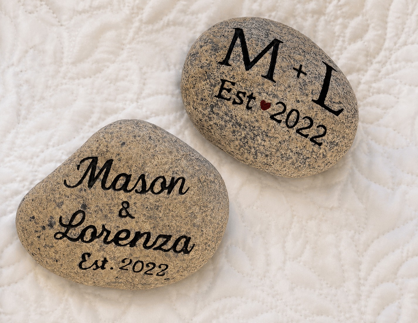Personalized wedding stones engraved with Mason and Lorenza, Est. 2022