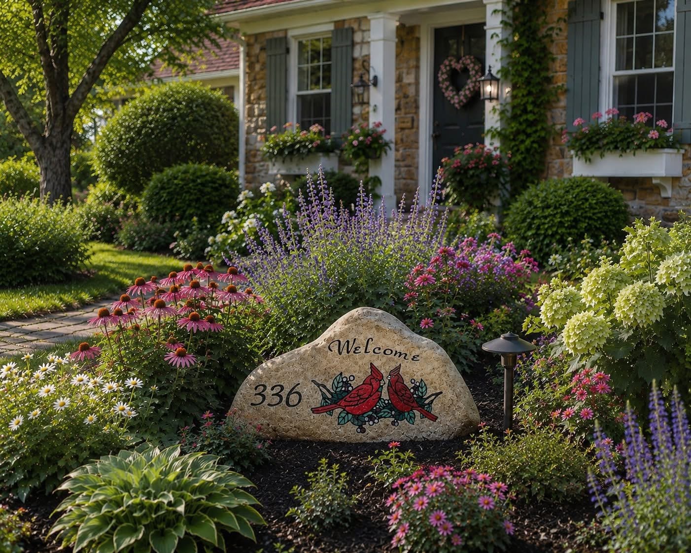 Welcome 336 engraved rock with a cardinal pair design in a garden