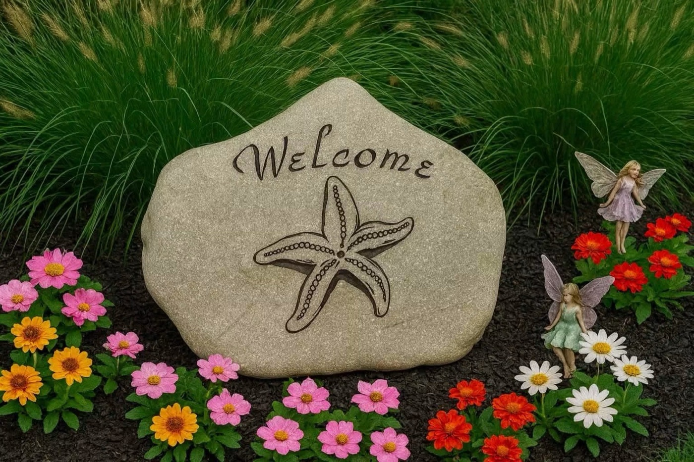 Welcome engraved rock with a starfish design, set in a flower garden