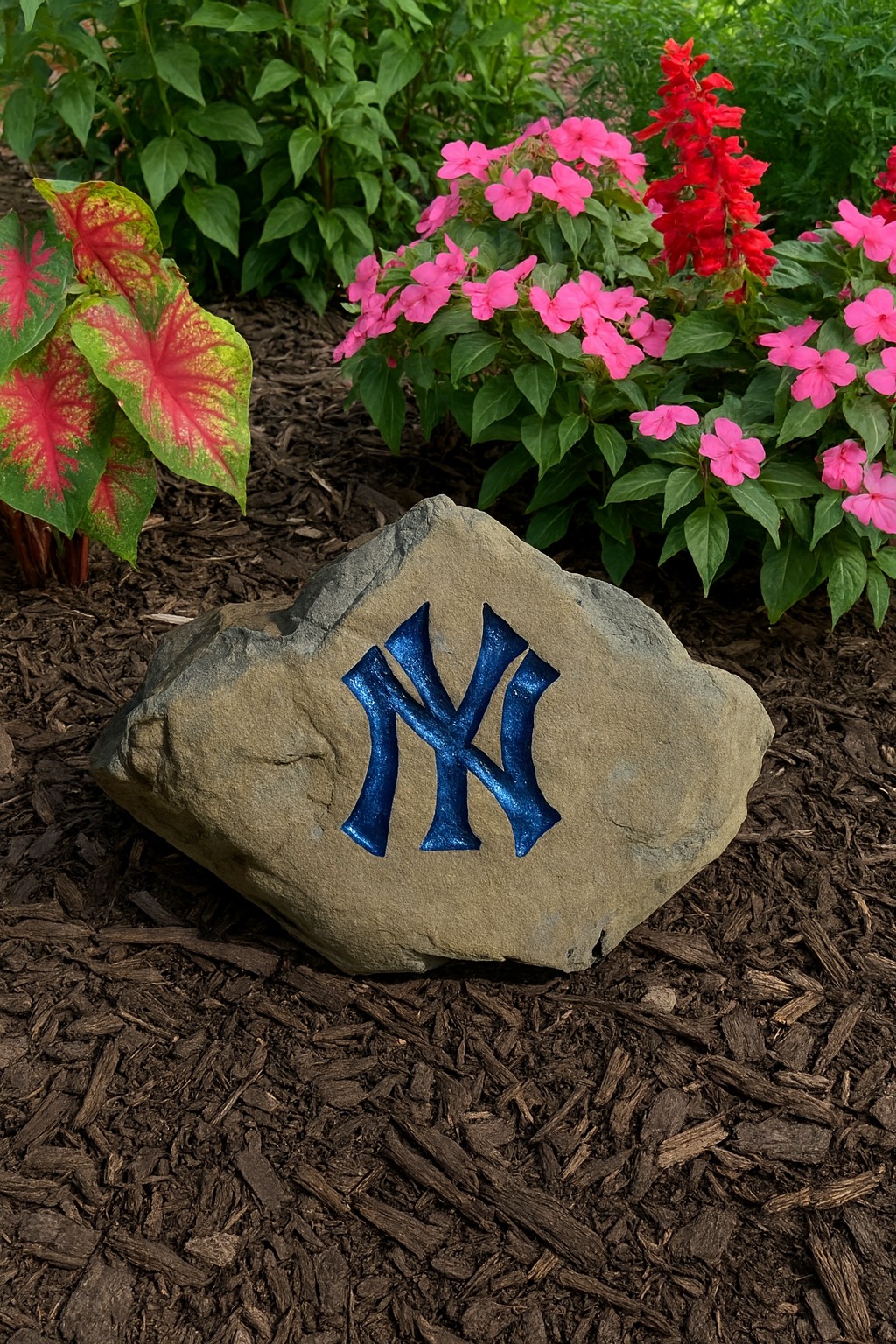 New York Yankees interlocking logo engraved rock in a flower bed